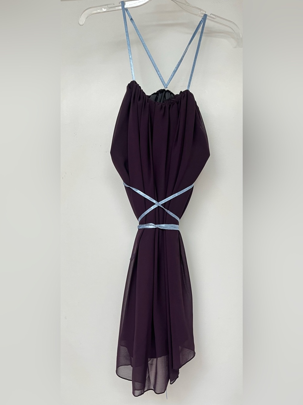 Women's Plum Grecian Wrap Slip Dress with Adjustable Light Blue Ribbon Straps